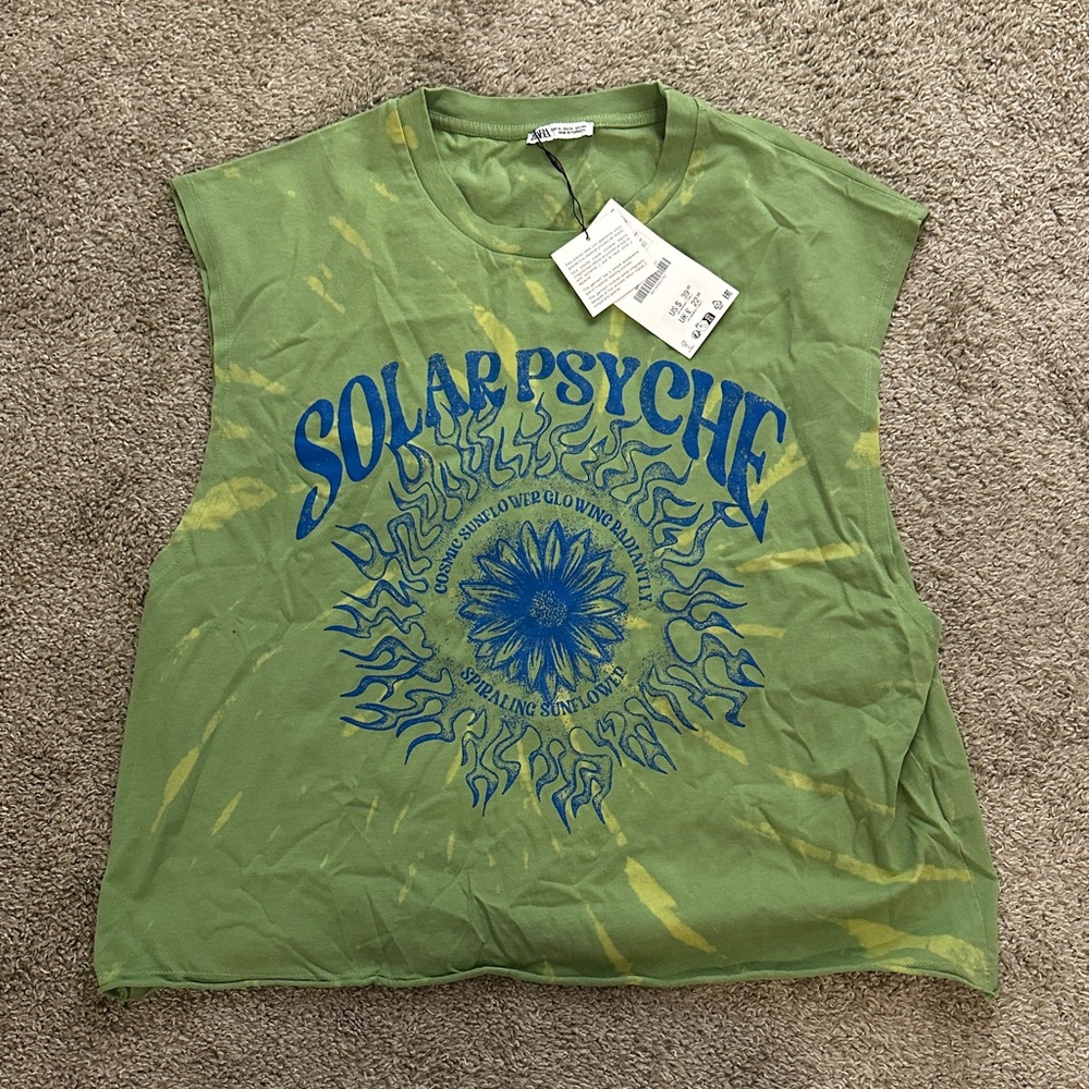 Zara Olive Green Muscle Tee with Blue Graphic